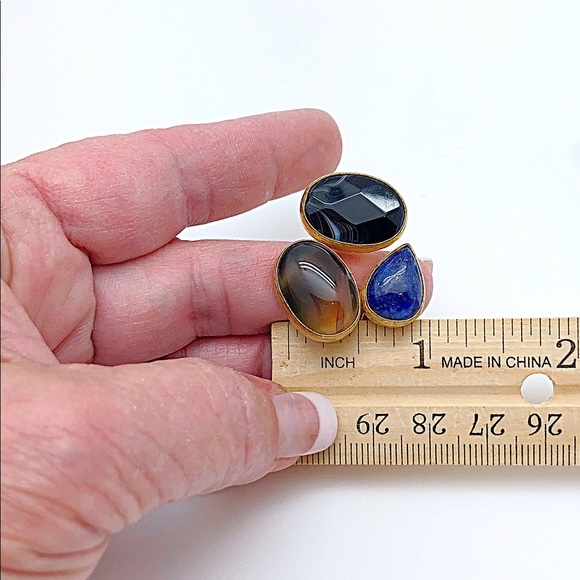 Large Triple Gemstone-Lapis,Tigers Eye,Blk Obsidian Statement Rings set in Gold - Picture 6 of 6